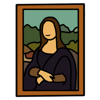 A simple depiction of the mona lisa, a framed painting of a woman with a slight smile in front of a landscape.